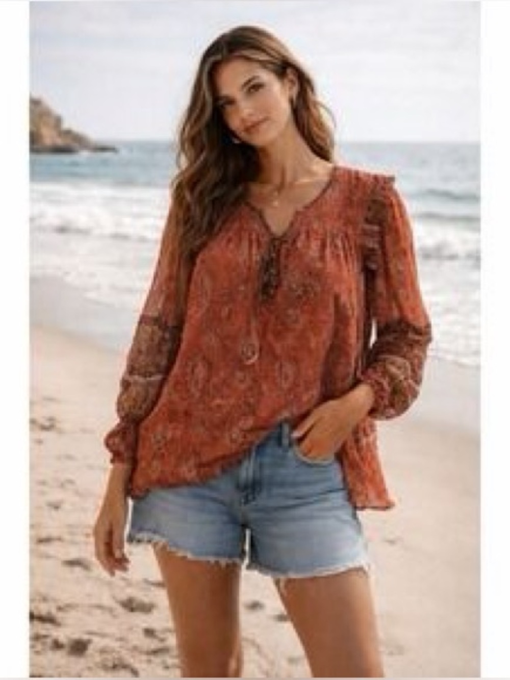 Sundance Red Paisley Longsleeve Blouse Size XL